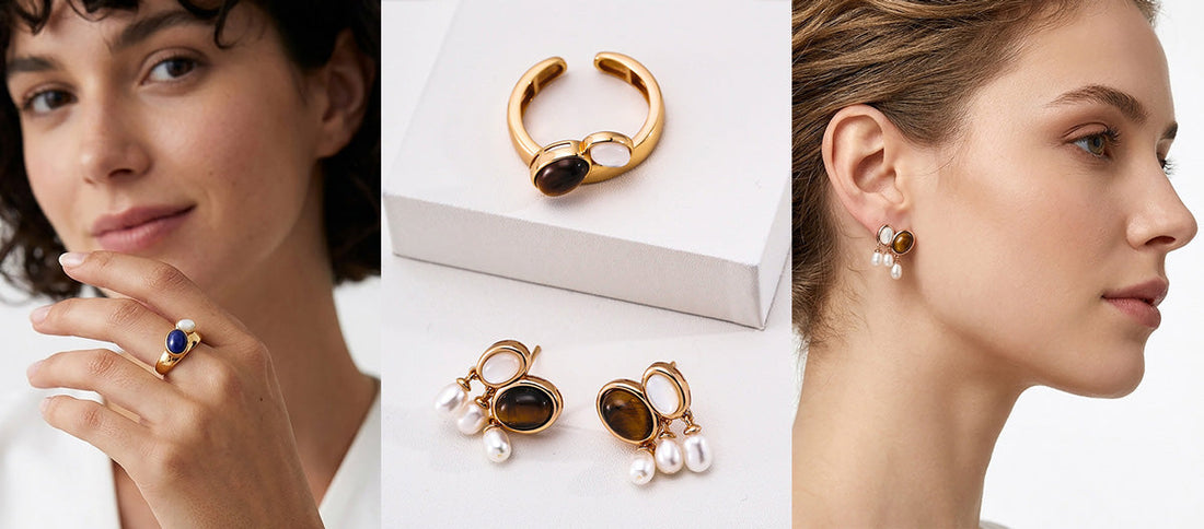 Tiger's Eye and Lapis Lazuli Pearl Drop Earrings and Twin Stone Open Ring by BUCKLE Collective in 18K gold-plated S925 sterling silver