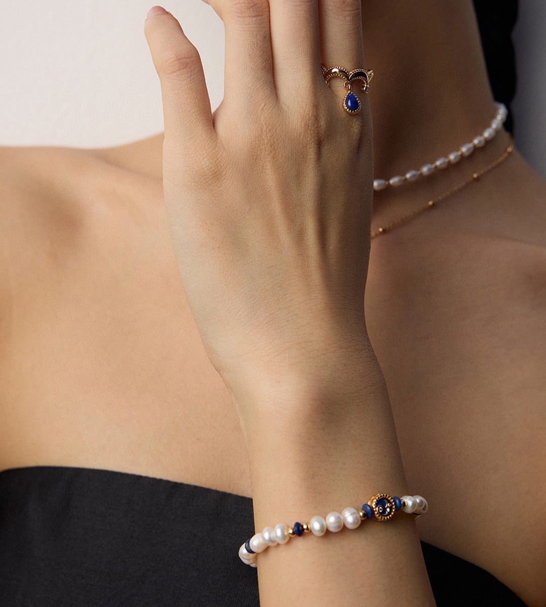 Bracelet with Natural Pearls & Lap 18K Gold-Plated S925 Silver 