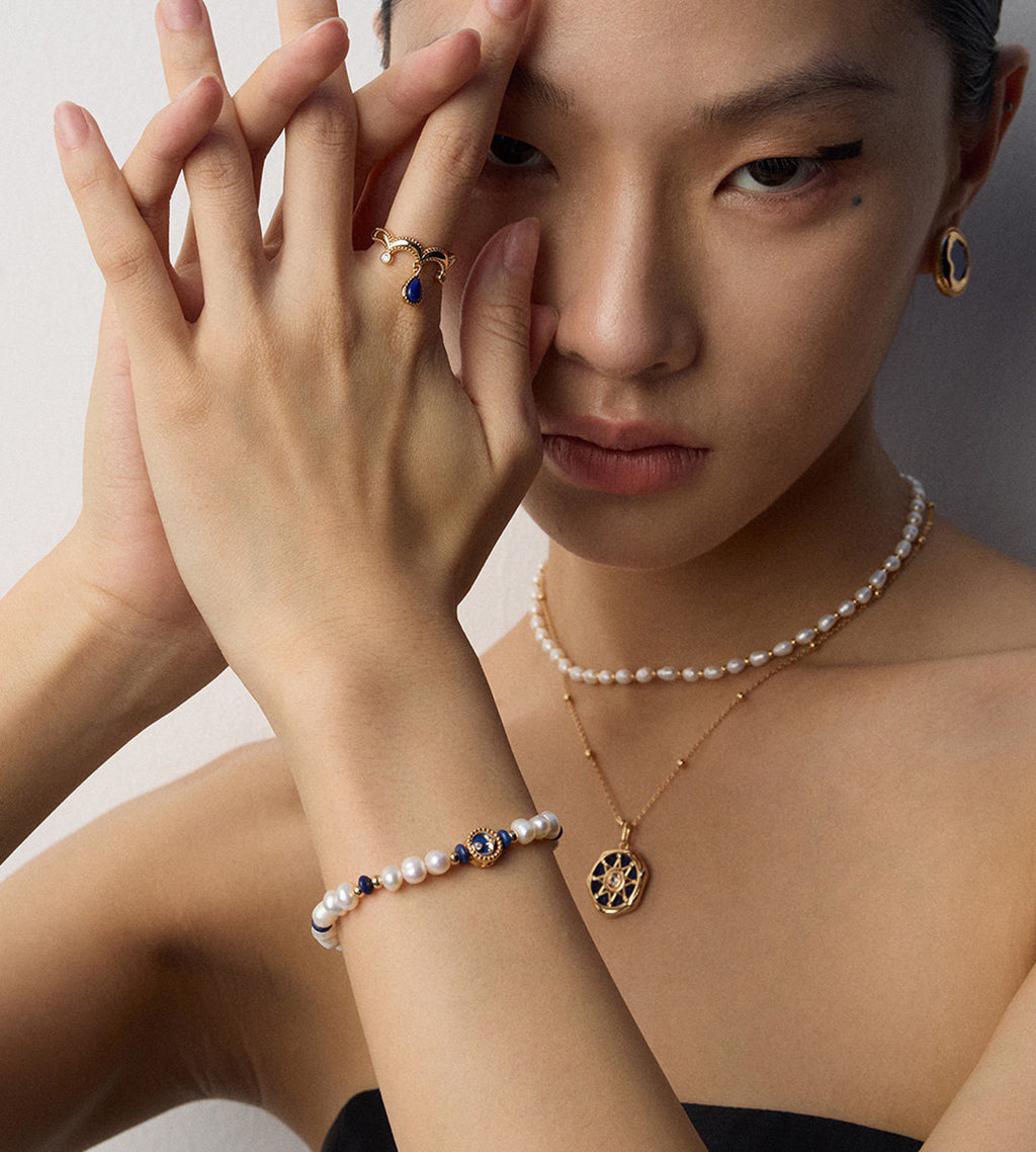 Bracelet with Natural Pearls & Lap 18K Gold-Plated S925 Silver 