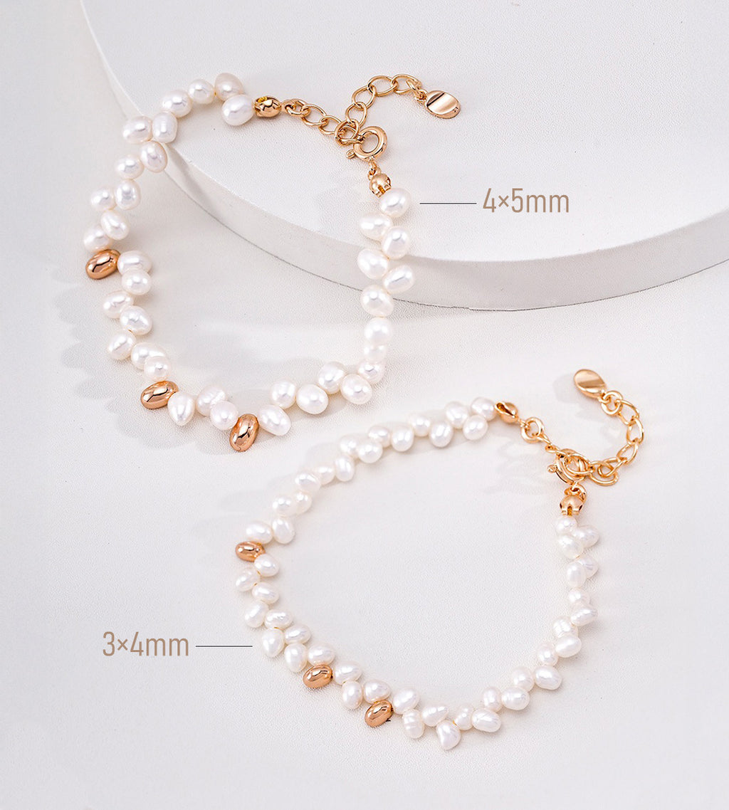 Two natural pearl beaded bracelets with gold accents, displayed on a white background with pearl size labels indicating 4x5mm and 3x4mm.