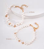Two natural pearl beaded bracelets with gold accents, displayed on a white background with pearl size labels indicating 4x5mm and 3x4mm.