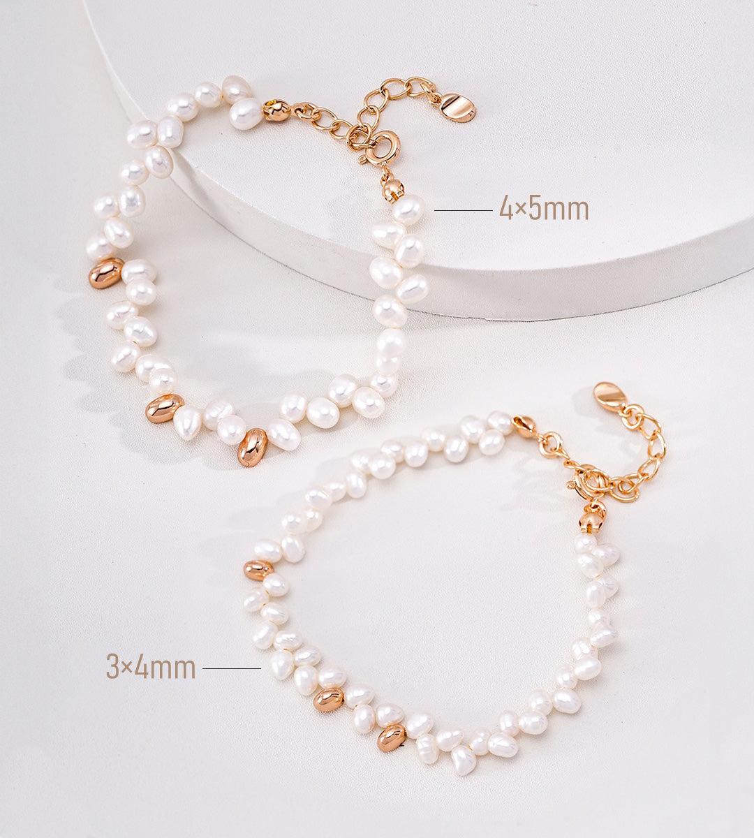 Two natural pearl beaded bracelets with gold accents, displayed on a white background with pearl size labels indicating 4x5mm and 3x4mm.
