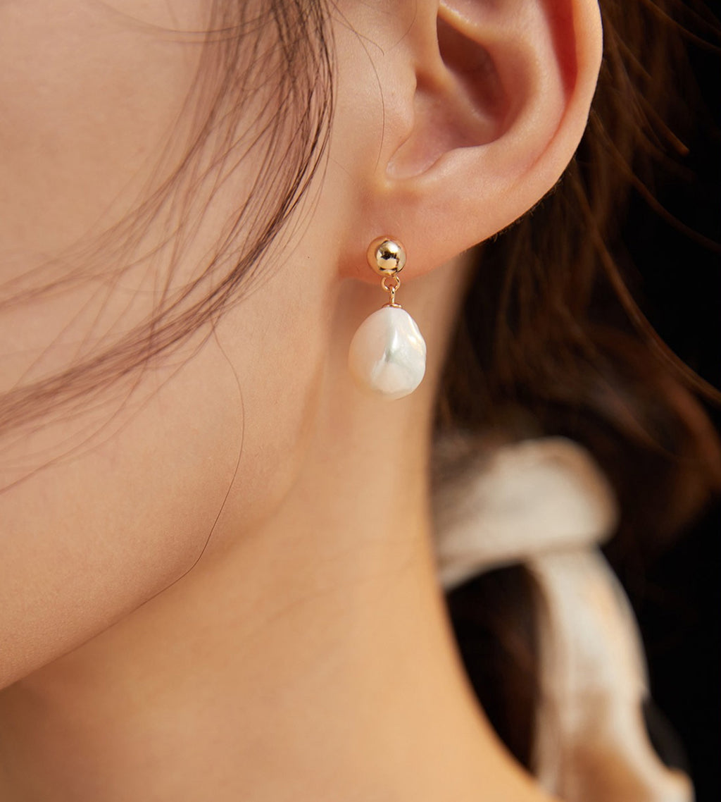 18K Gold Plated French Minimalist Natural Baroque Pearl Drop Earrings, Vintage Gold color