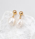 18K Gold Plated French Minimalist Natural Baroque Pearl Drop Earrings, Vintage Gold color