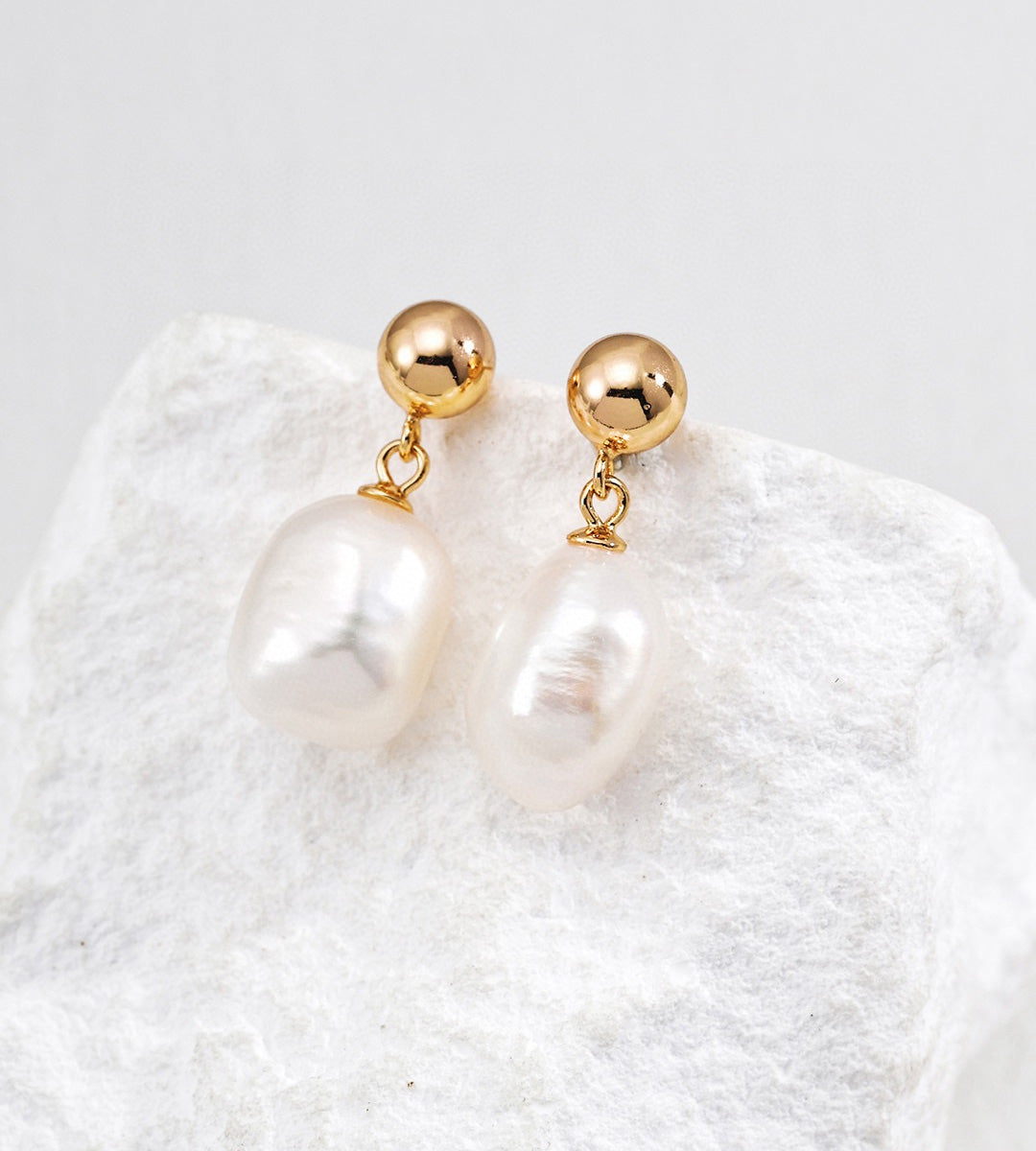 18K Gold Plated French Minimalist Natural Baroque Pearl Drop Earrings, Vintage Gold color