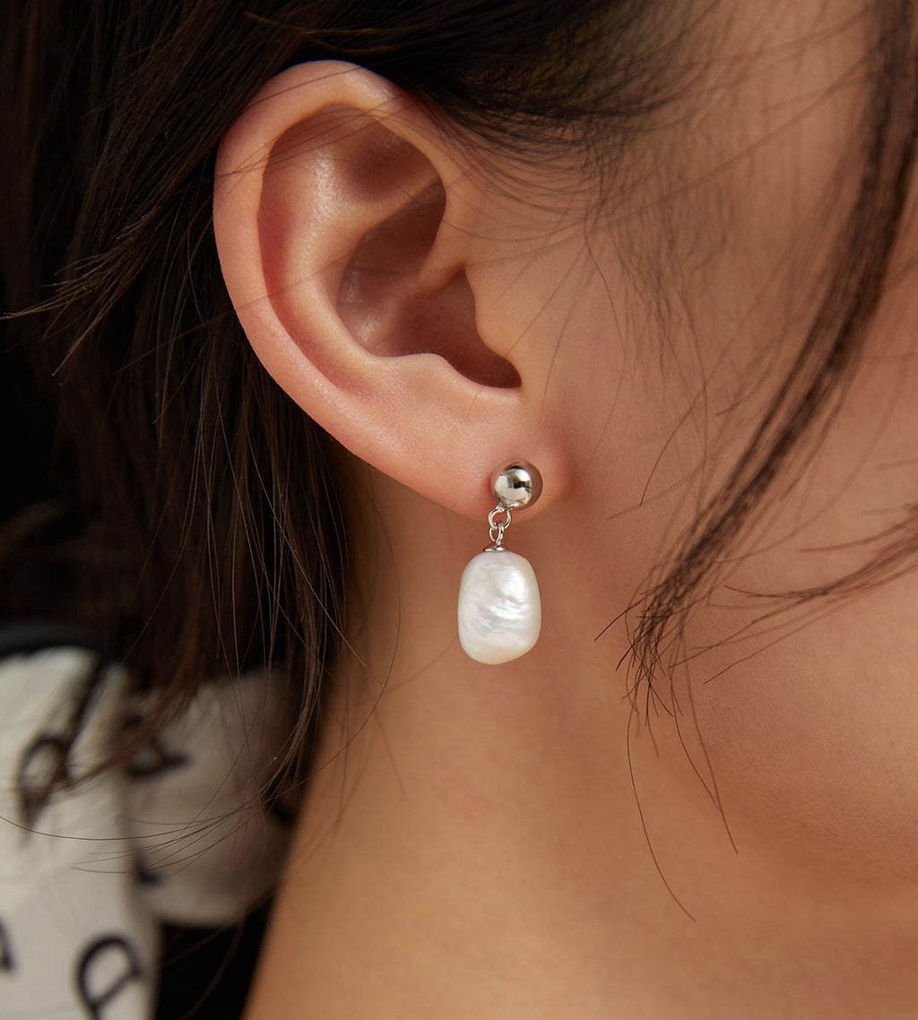 18K Gold Plated French Minimalist Natural Baroque Pearl Drop Earrings, White Gold color