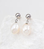 18K Gold Plated French Minimalist Natural Baroque Pearl Drop Earrings, White Gold color