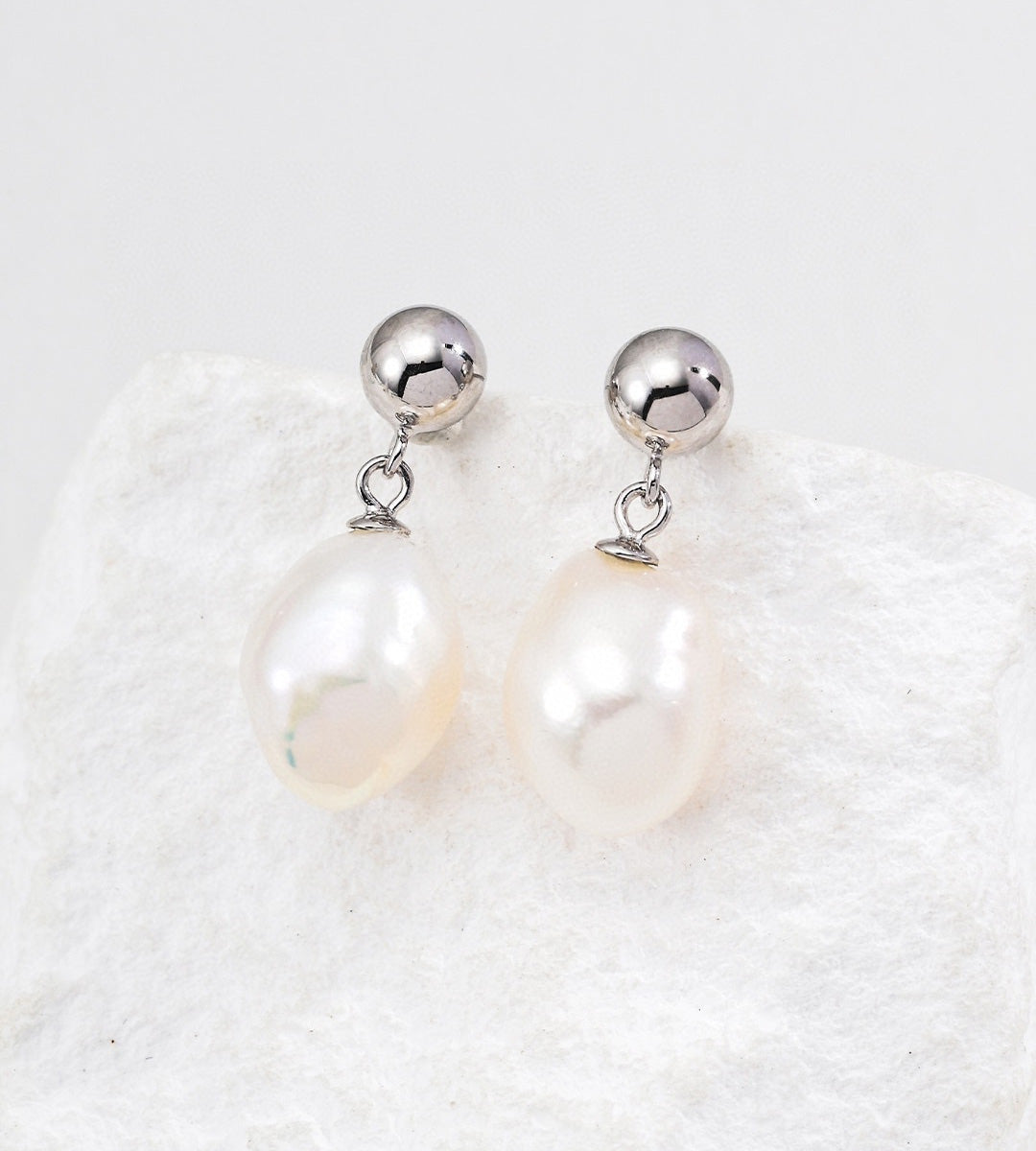 18K Gold Plated French Minimalist Natural Baroque Pearl Drop Earrings, White Gold color