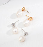 18K Gold Plated French Minimalist Natural Baroque Pearl Drop Earrings, White and Vintage Gold color