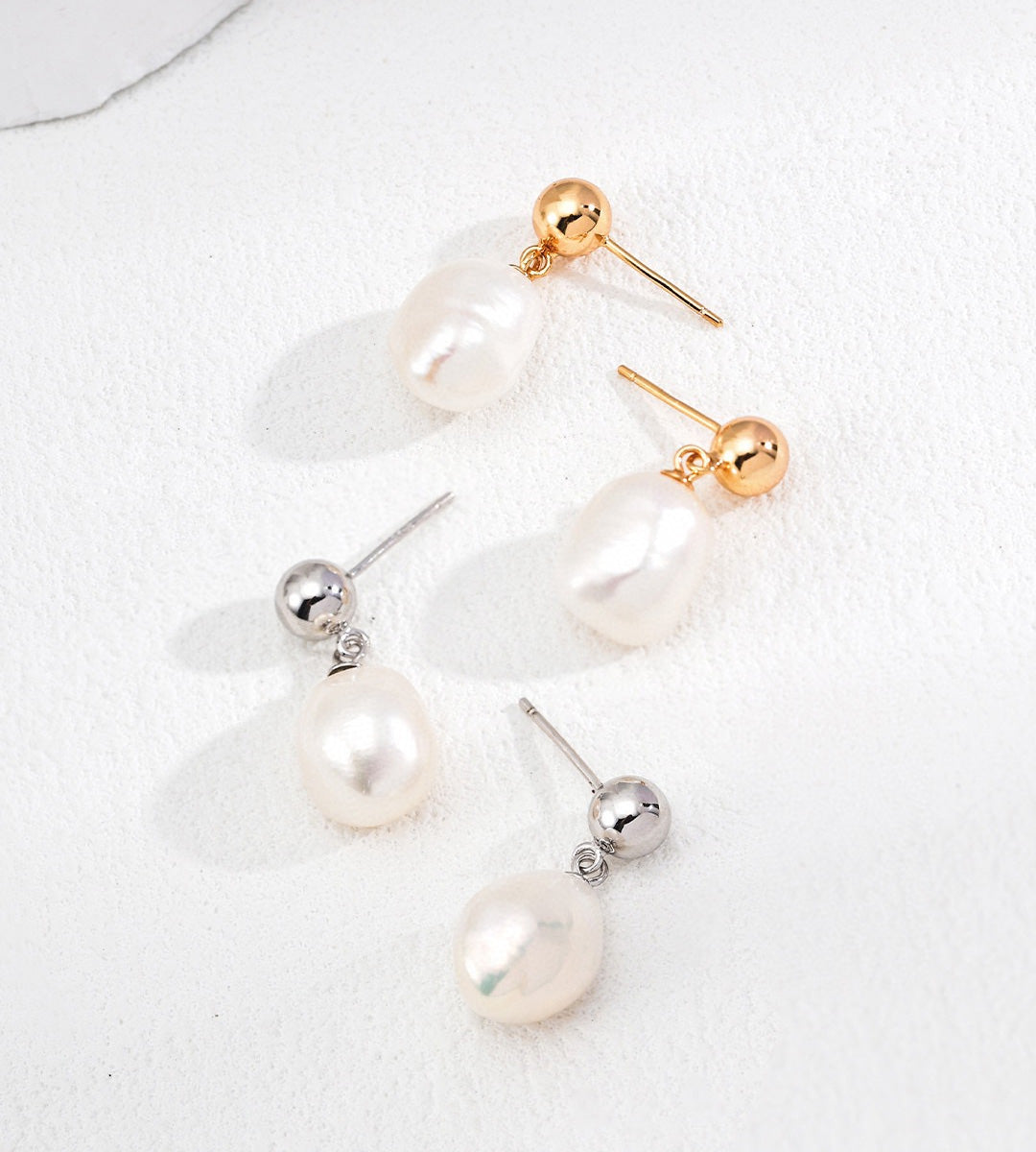 18K Gold Plated French Minimalist Natural Baroque Pearl Drop Earrings, White and Vintage Gold color