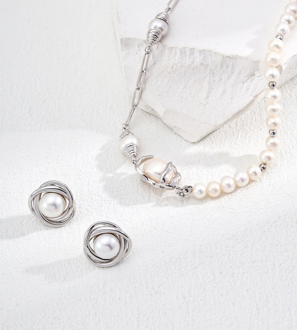 Natural Pearl Twist Stud Earrings with Pearl Necklace 18K White-Gold-Plated on S925 Sterling Silver | BUCKLE Collective