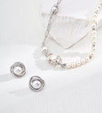 Natural Pearl Twist Stud Earrings with Pearl Necklace 18K White-Gold-Plated on S925 Sterling Silver | BUCKLE Collective