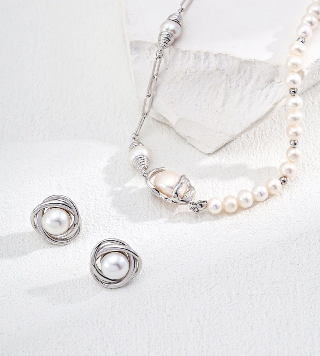 Natural Pearl Twist Stud Earrings with Pearl Necklace 18K White-Gold-Plated on S925 Sterling Silver | BUCKLE Collective