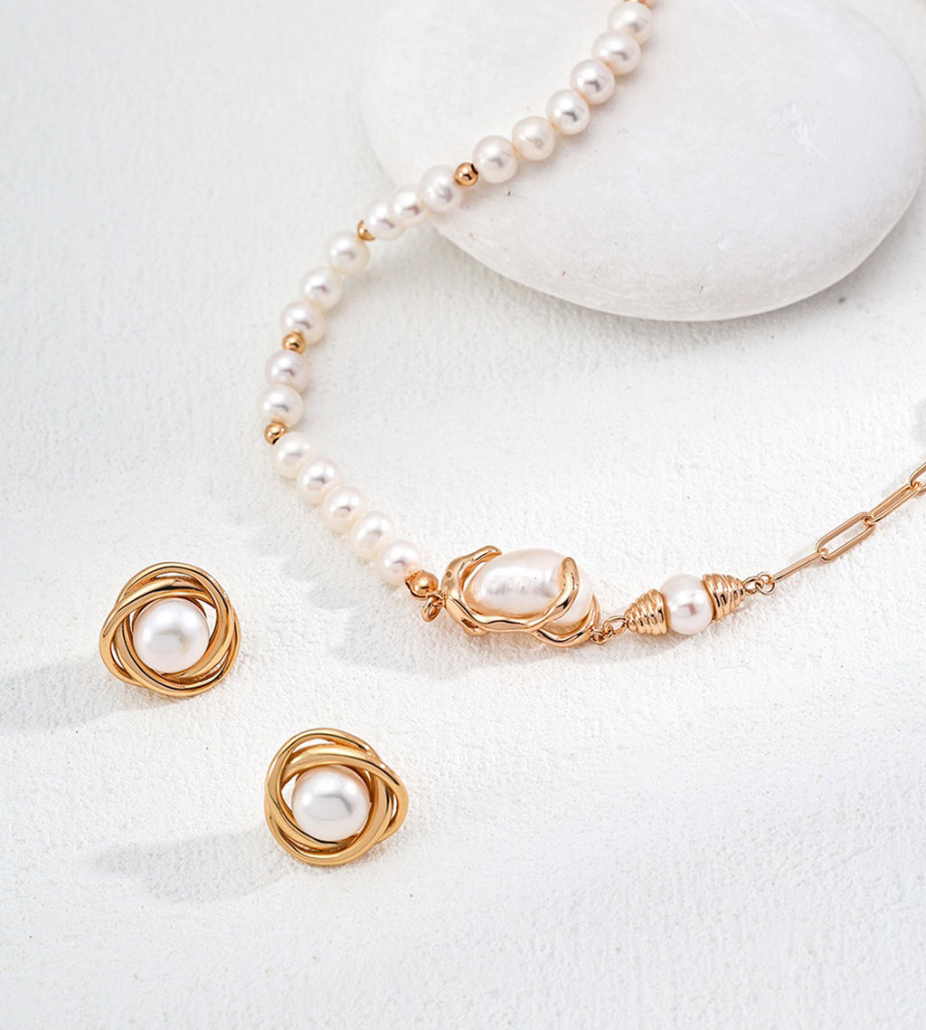 Natural Pearl Twist Stud Earrings with Pearl Necklace 18K Gold-Plated on S925 Sterling Silver | BUCKLE Collective