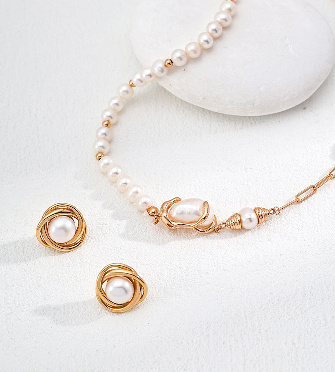 Natural Pearl Twist Stud Earrings with Pearl Necklace 18K Gold-Plated on S925 Sterling Silver | BUCKLE Collective