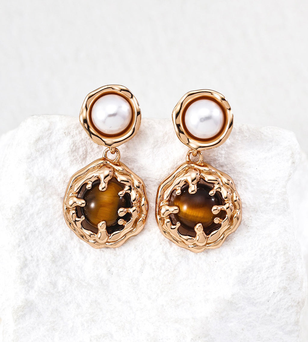 Natural Tiger's Eye & Pearl Drop Earrings, 18K Gold Plated S925 | BUCKLE Collective