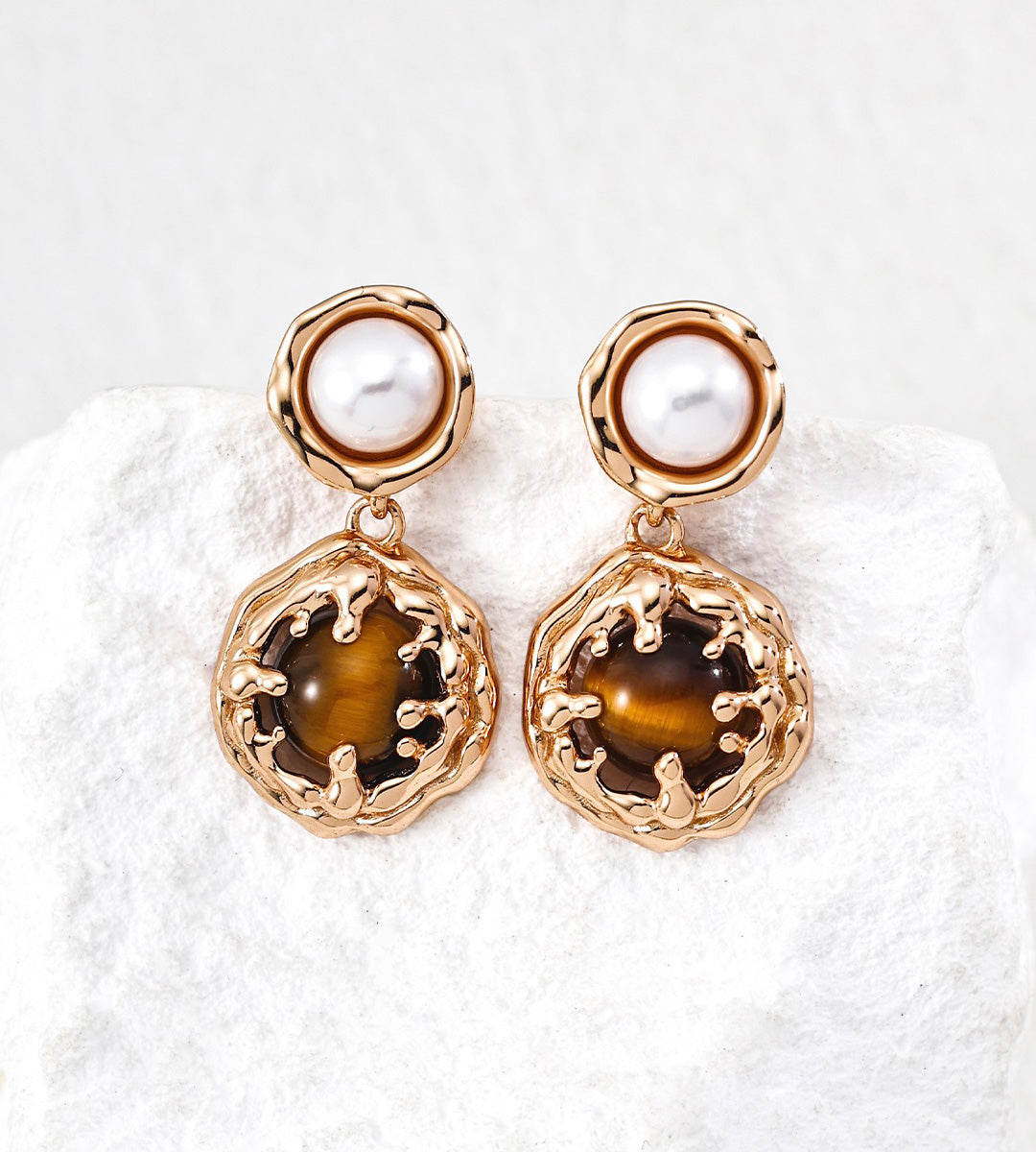 Natural Tiger's Eye & Pearl Drop Earrings, 18K Gold Plated S925 | BUCKLE Collective