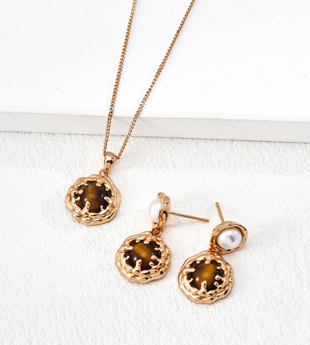 Natural Tiger's Eye Necklace with matching Natural Tiger's Eye & Pearl Earrings, 18K Gold Plated S925 Silver | BUCKLE Collective