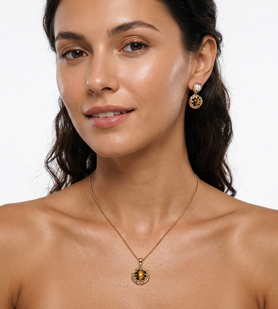 A woman wearing Natural Tiger's Eye Necklace with matching Natural Tiger's Eye & Pearl Earrings, 18K Gold Plated S925 Silver | BUCKLE Collective