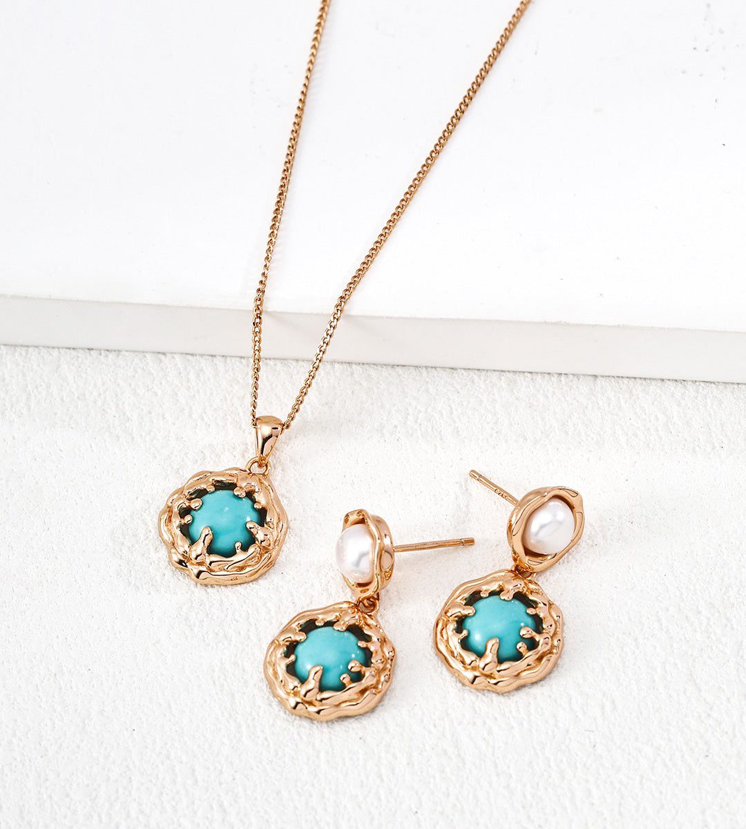 Natural Turquoise Necklace with matching Natural Turquoise & Pearl Earrings, 18K Gold Plated S925 Silver | BUCKLE Collective