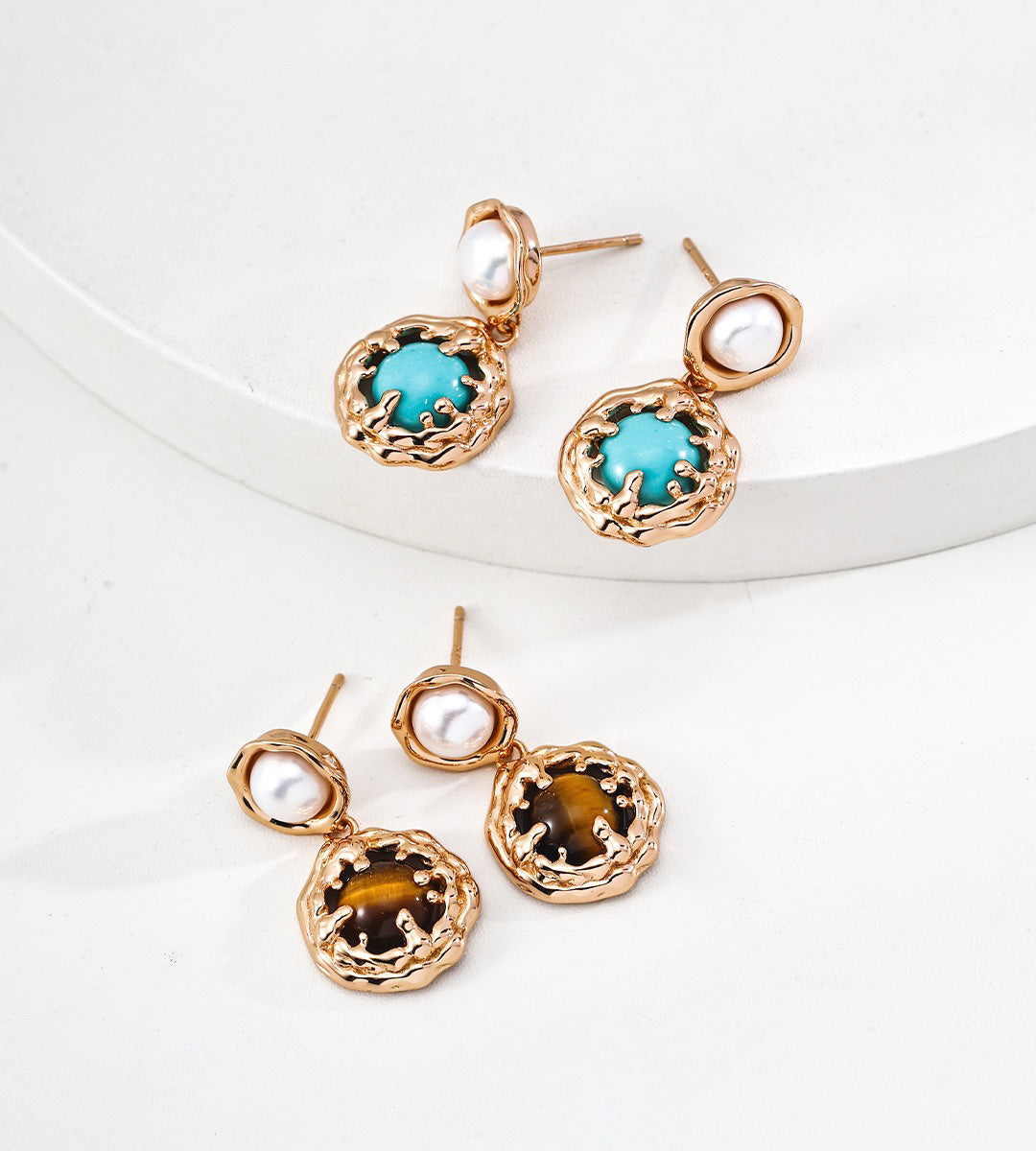 Natural Pearl, Tiger’s Eye / Turquoise Pearl Drop Earrings