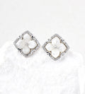A pair of 18K White Gold Plated S925 Silver floral stud earrings with white mother-of-pearl flower centers and cubic zirconia halos