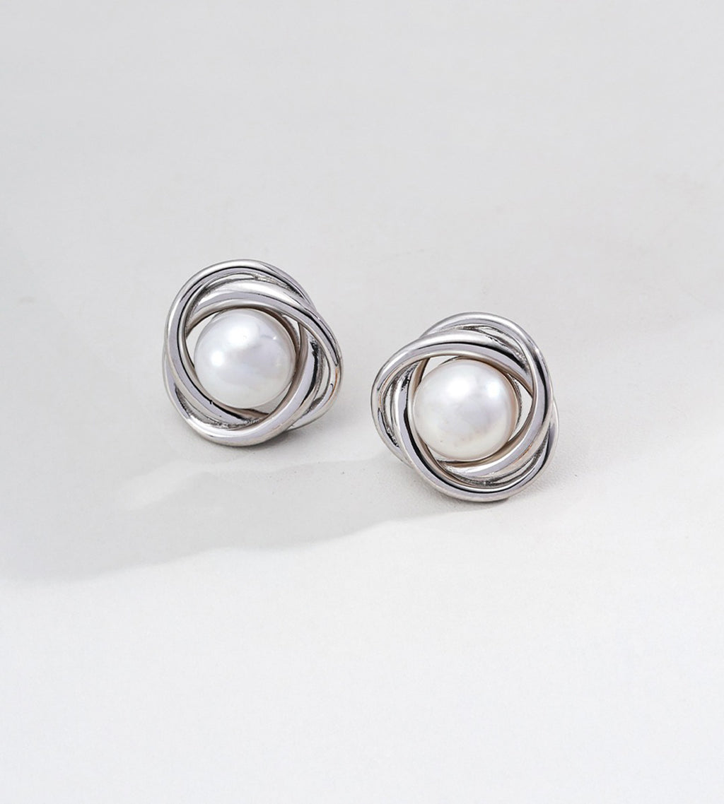 Natural Pearl Twist Stud Earrings 18K White-Gold-Plated on S925 Sterling Silver | BUCKLE Collective