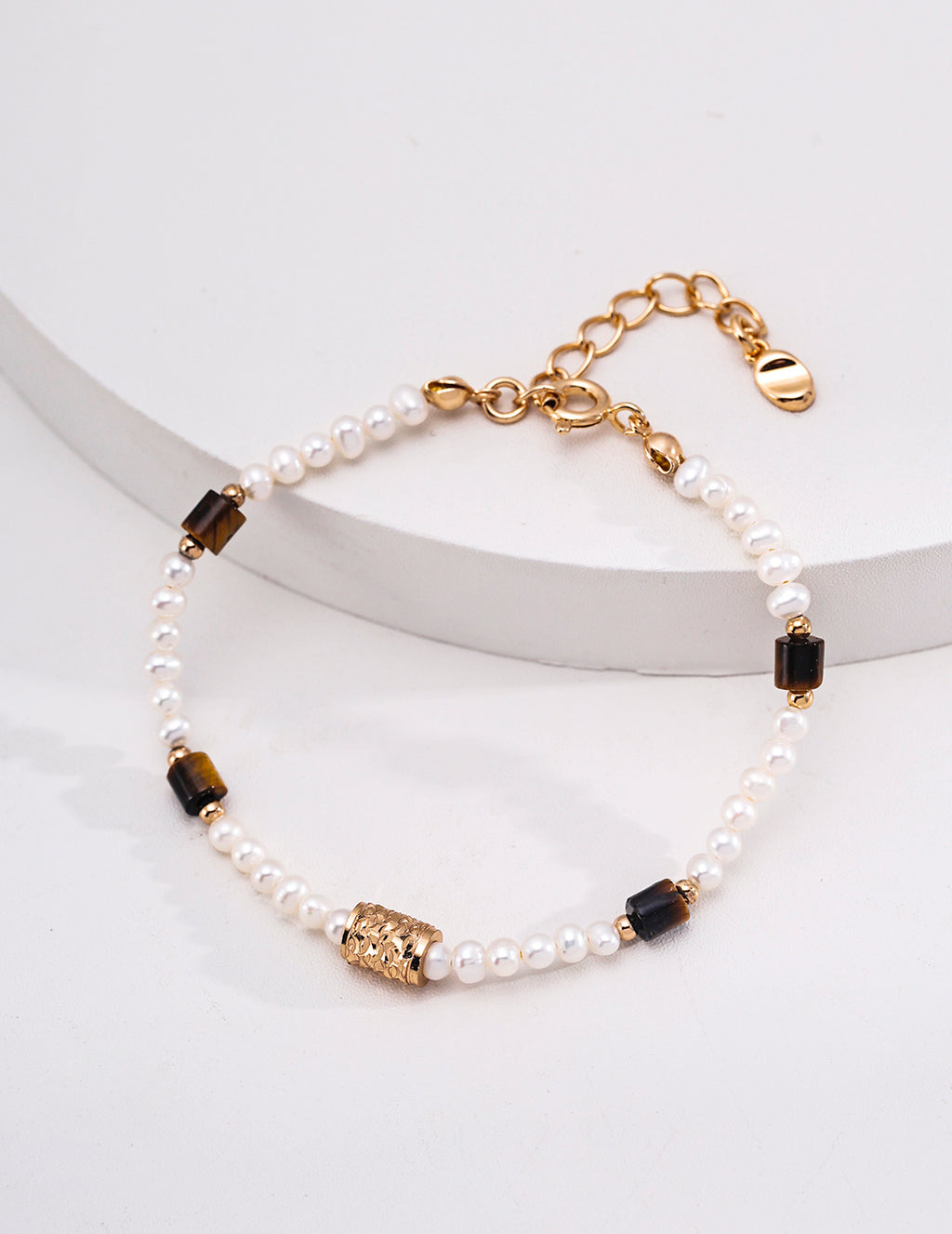 Natural pearl and tiger's eye beaded bracelet — freshwater pearls, tiger's eye rectangular beads, filigree barrel bead, lobster clasp with extension chain, 18K gold plated S925 silver, BUCKLE Collective