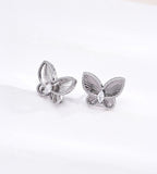 Silver tone 18K plated S925 silver butterfly stud earrings, CNC 3D embossed wing texture with beaded trim and central marquise cubic zirconia, dainty spring inspired jewellery