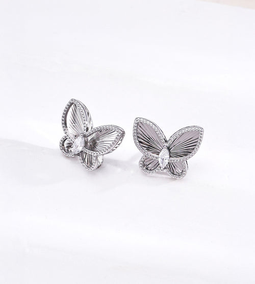 Silver tone 18K plated S925 silver butterfly stud earrings, CNC 3D embossed wing texture with beaded trim and central marquise cubic zirconia, dainty spring inspired jewellery