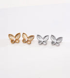 CNC embossed butterfly stud earrings in vintage gold and silver-tone — precision 3D sculpted wings with beaded border and marquise CZ centre, 18K plated S925 sterling silver, BUCKLE Collective