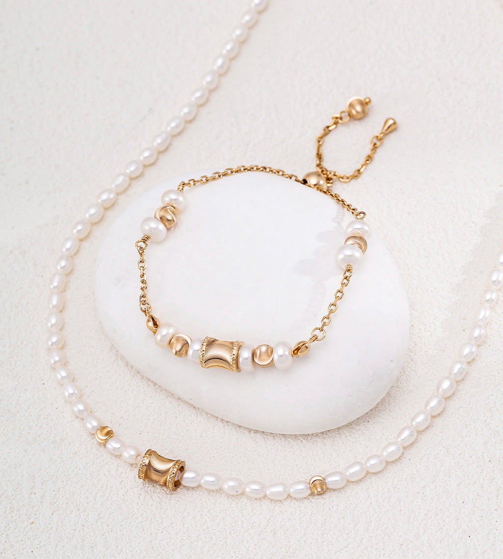 Freshwater pearl adjustable bracelet and pearl necklace set in 18K vintage gold — wasp-waist charm bracelet with slider clasp, natural pearl necklace, S925 sterling silver, BUCKLE Collective

