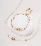Freshwater pearl adjustable bracelet and pearl necklace set in 18K vintage gold — wasp-waist charm bracelet with slider clasp, natural pearl necklace, S925 sterling silver, BUCKLE Collective

