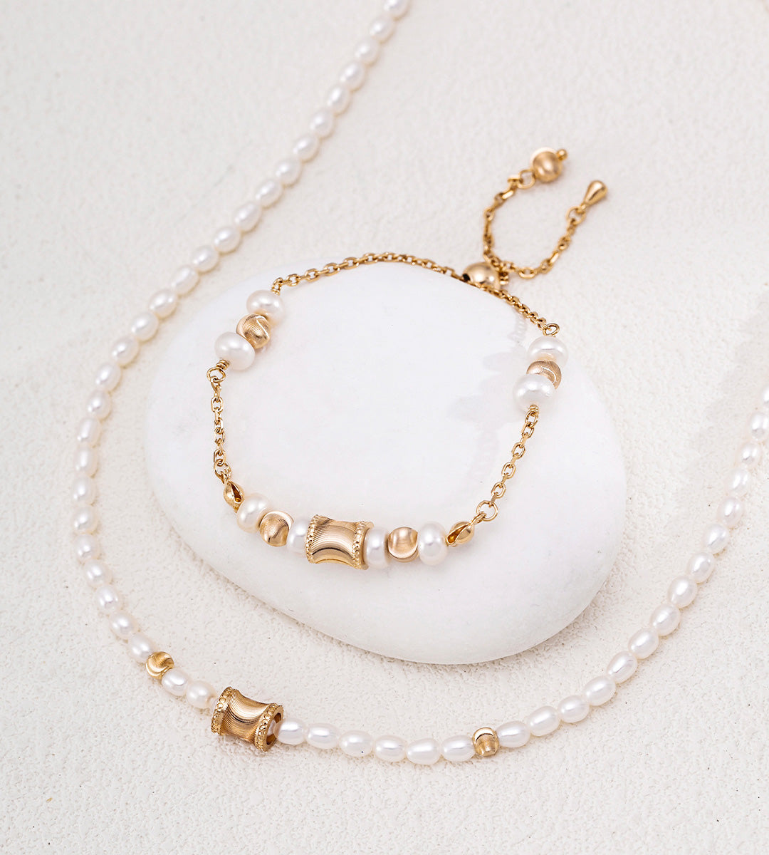Freshwater pearl adjustable bracelet and pearl necklace set in 18K vintage gold — wasp-waist charm bracelet with slider clasp, natural pearl necklace, S925 sterling silver, BUCKLE Collective


