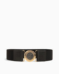 Women's Elastic Belt with Gold Textured Circle Buckle, Black