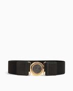 Women's Elastic Belt with Gold Textured Circle Buckle, Black