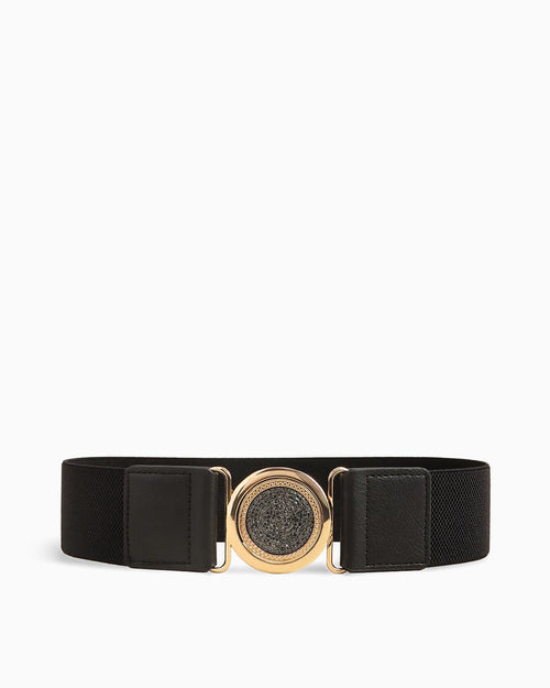 Women's Elastic Belt with Gold Textured Circle Buckle, Black