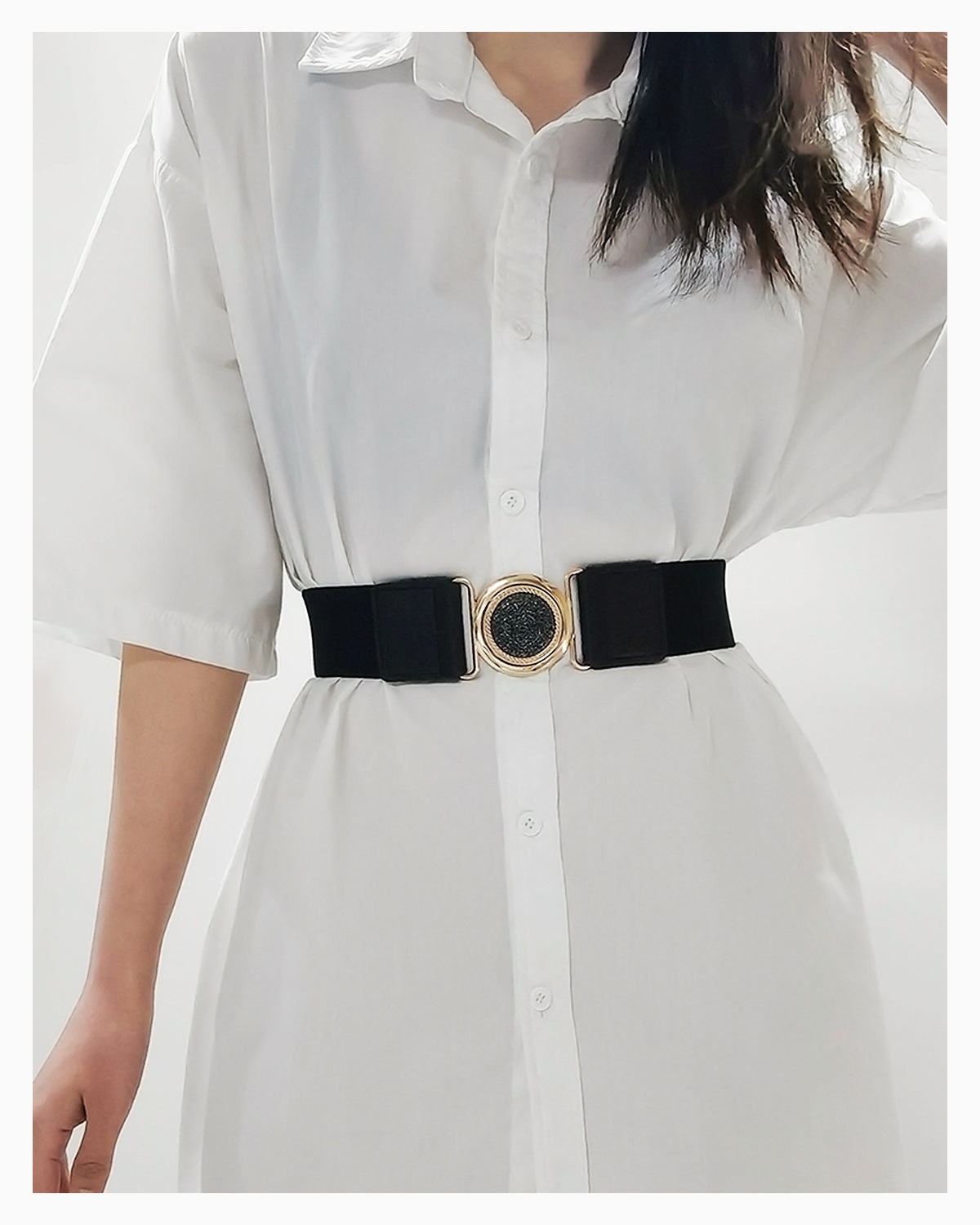 Women's Elastic Belt with Gold Textured Circle Buckle, Black