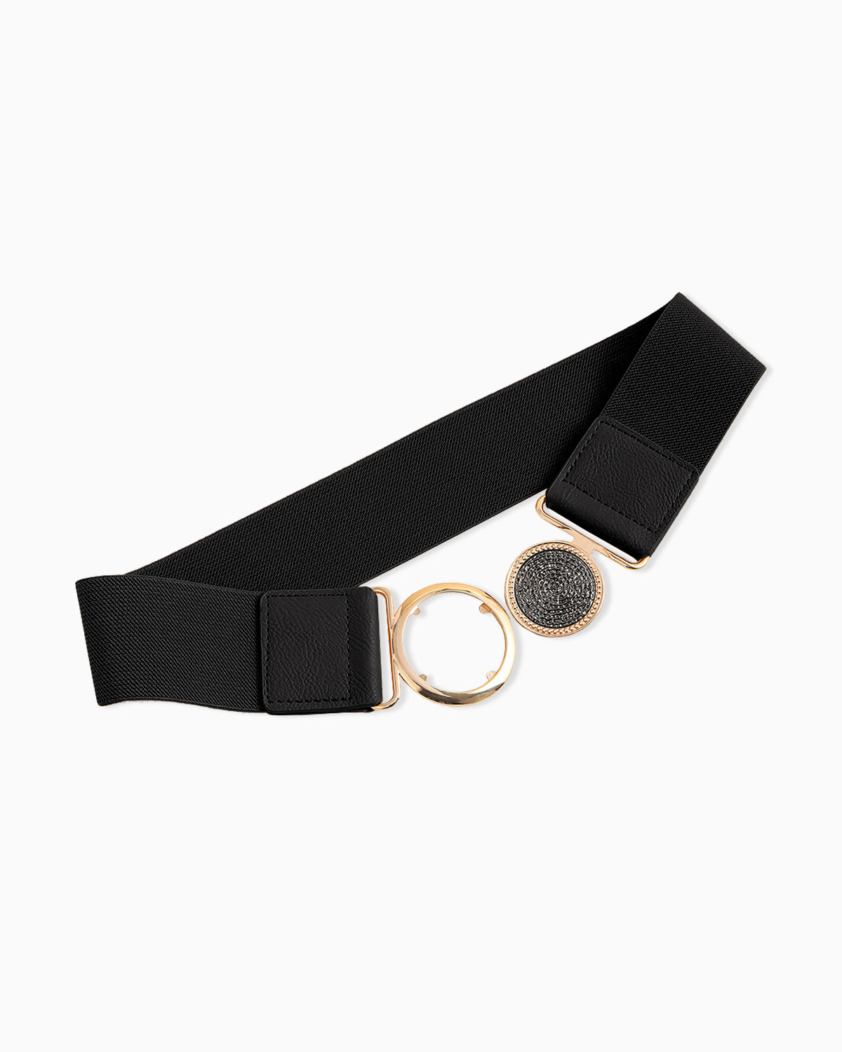 Women's Elastic Belt with Gold Textured Circle Buckle, Black
