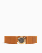 Women's Elastic Belt with Gold Textured Circle Buckle, Brown Camel color
