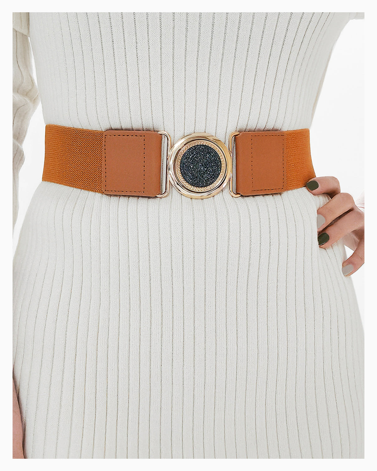 Women's Elastic Belt with Gold Textured Circle Buckle, Brown Camel color