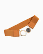 Women's Elastic Belt with Gold Textured Circle Buckle, Brown Camel color