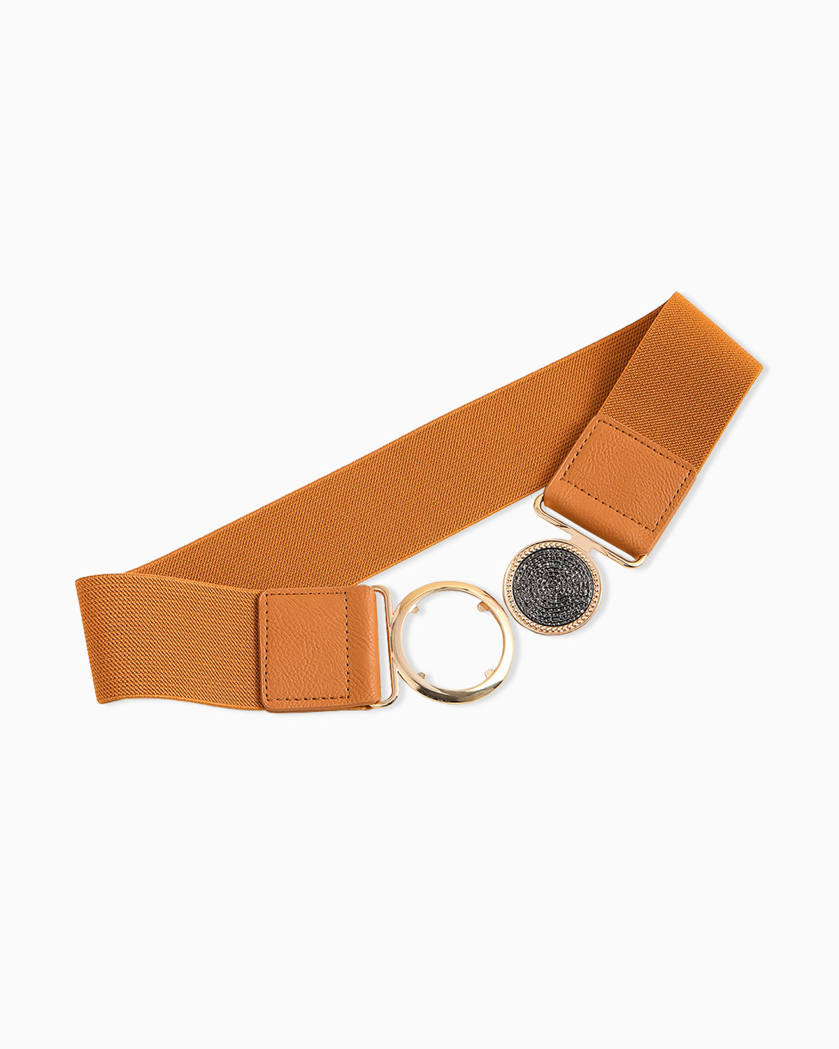 Women's Elastic Belt with Gold Textured Circle Buckle, Brown Camel color