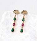 18K Gold Plated S925 Silver Art Deco Fan Stud Teardrop Drop Earrings accented with Clear, Burgundy, and Green Cubic Zirconia stones