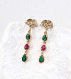 18K Gold Plated S925 Silver Art Deco Fan Stud Teardrop Drop Earrings accented with Clear, Burgundy, and Green Cubic Zirconia stones