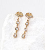 18K Gold Plated S925 Silver Art Deco Fan Stud Teardrop Drop Earrings accented with Clear Cubic Zirconia 