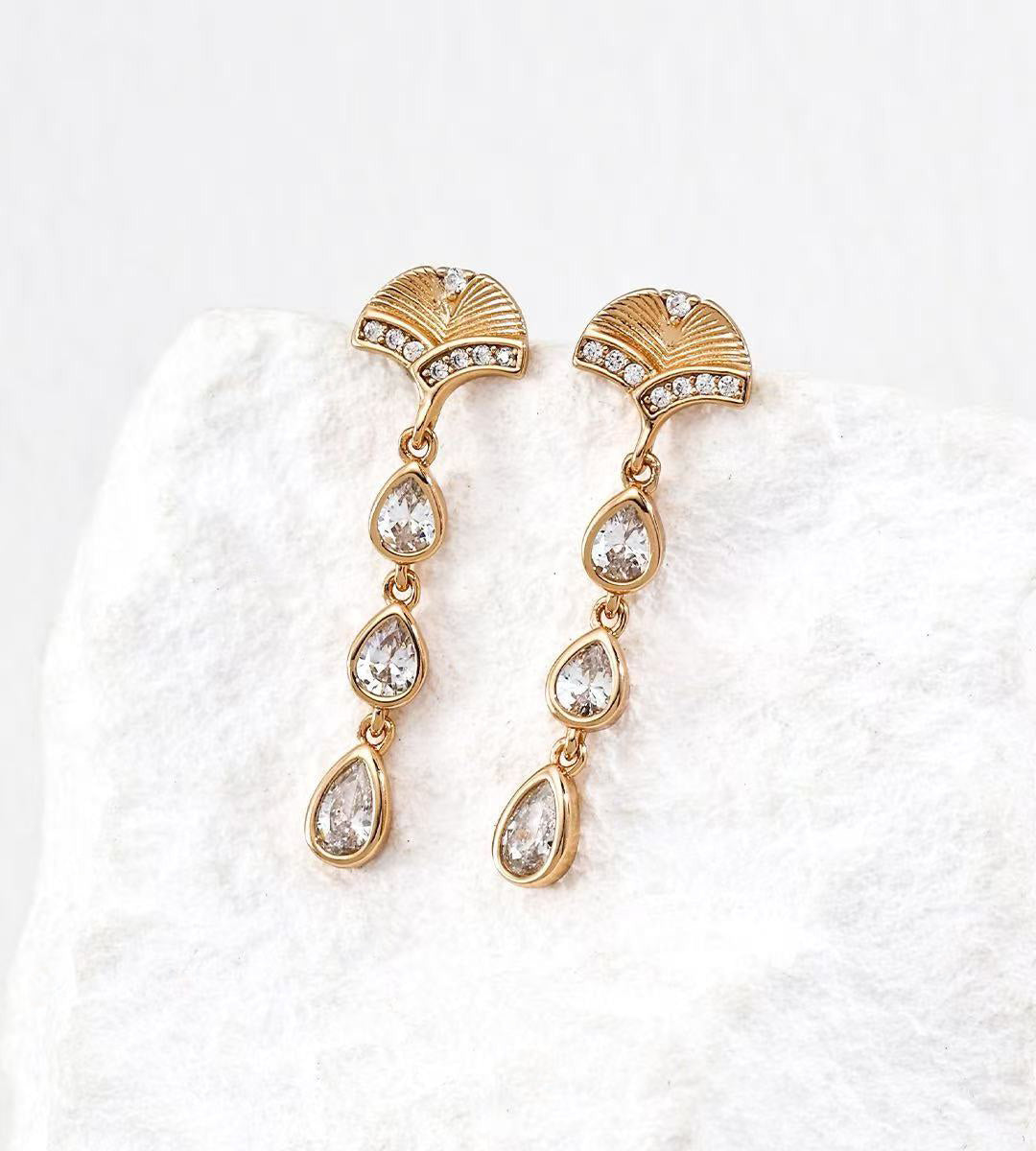 18K Gold Plated S925 Silver Art Deco Fan Stud Teardrop Drop Earrings accented with Clear Cubic Zirconia 