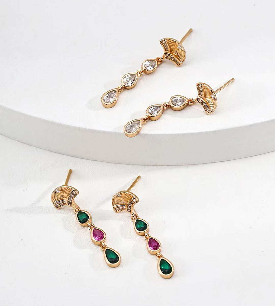 A two pairs of an 18K Gold Plated S925 Silver Art Deco Fan Stud Teardrop Drop Earrings