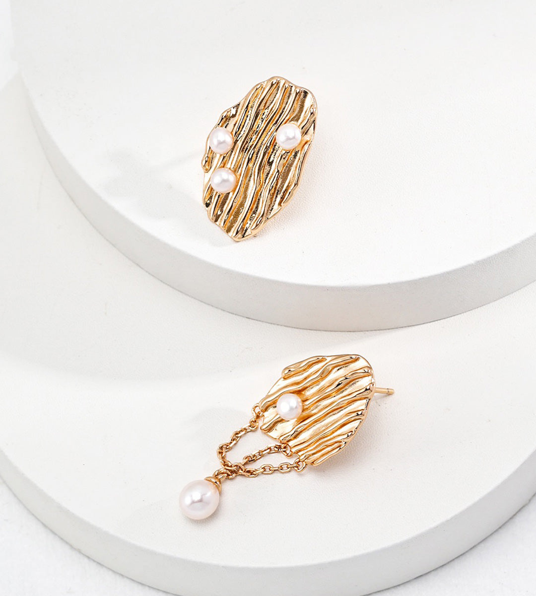 Asymmetrical Pearl Earrings 18K Gold Plated S925 Silver