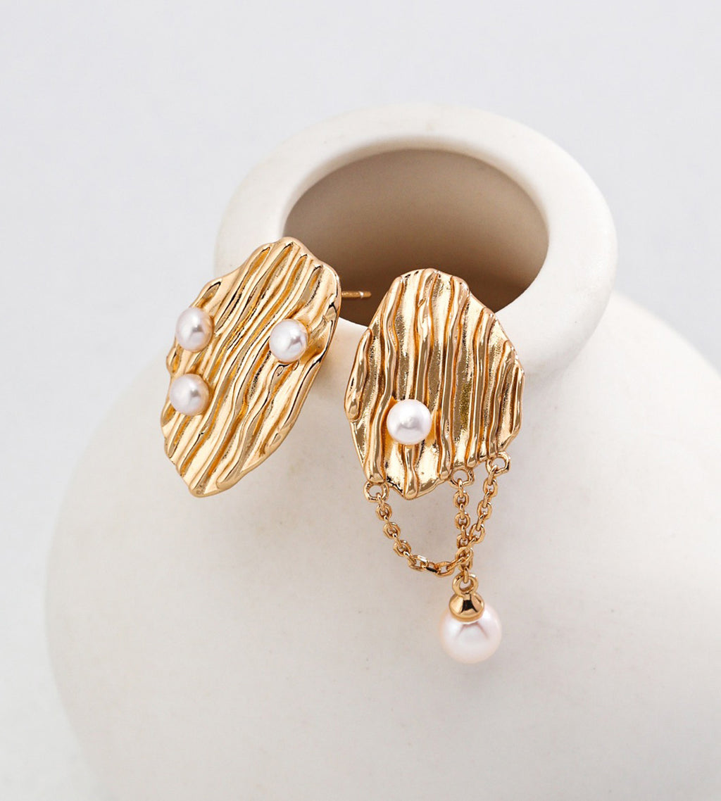 Asymmetrical Pearl Earrings 18K Gold Plated S925 Silver